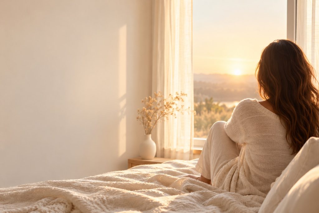 Una donna seduta sul letto guarda il tramonto dalla finestra
