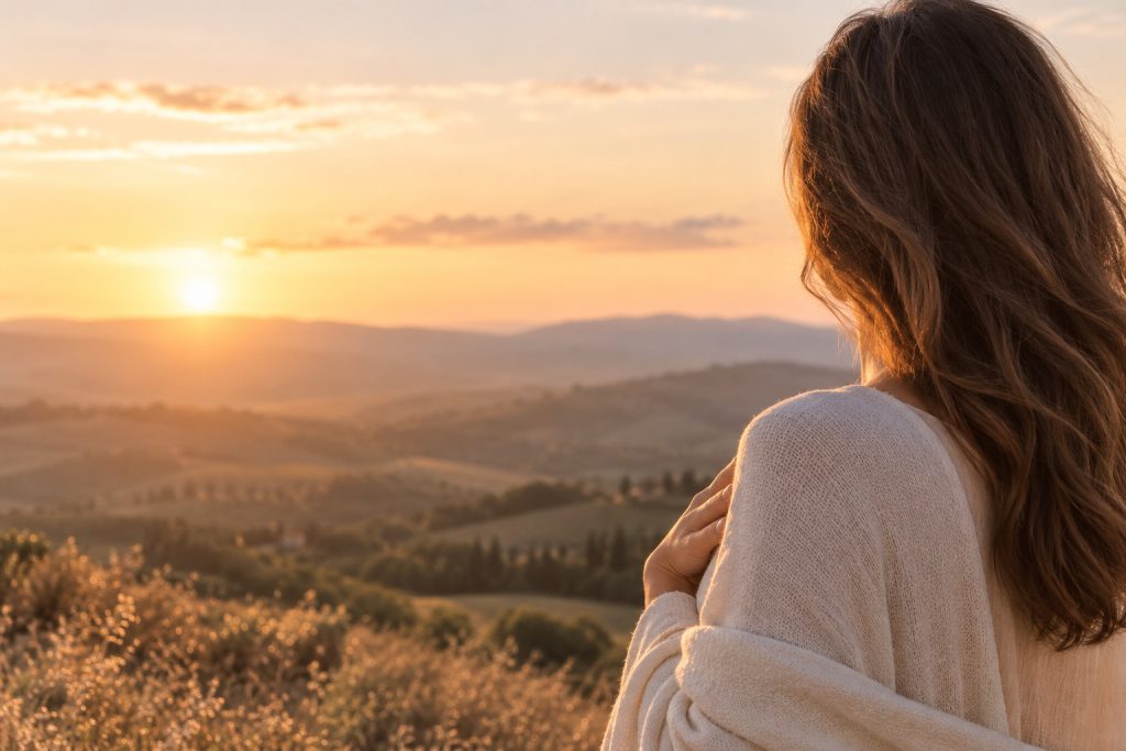 Una donna di spalle con la mano sul cuore guarda le colline al tramonto