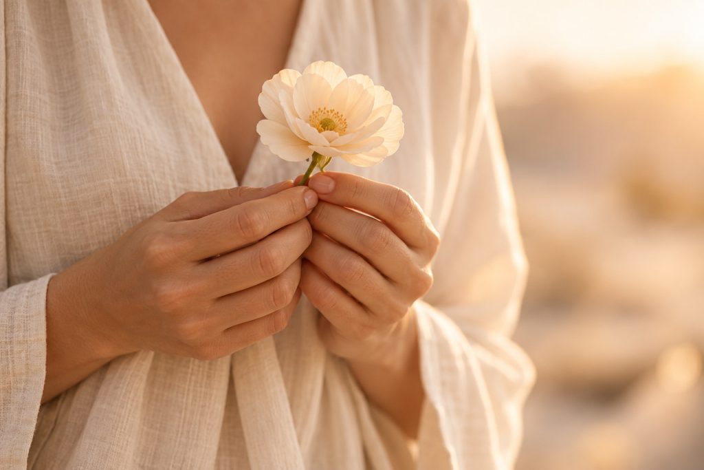 Due mani tengono un fiore chiaro all'altezza del cuore