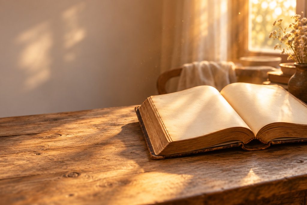 Un libro antico aperto su un tavolo di legno illuminato da una luce dorata