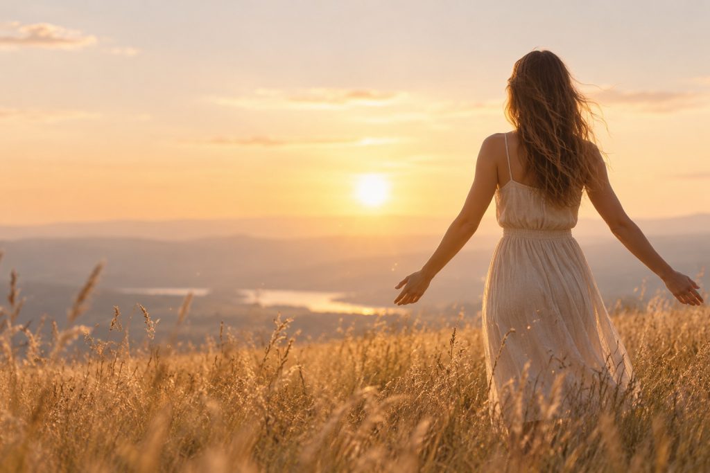 Una donna di spalle con le braccia aperte in un campo d'erba alta al tramonto