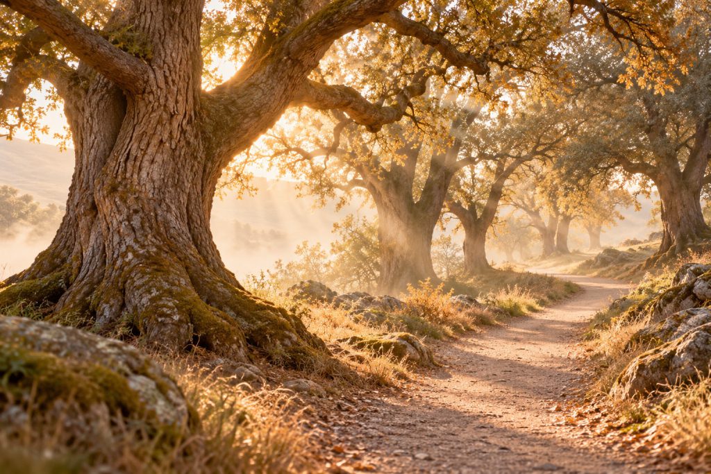 Un sentiero tra alberi antichi attraversato dai raggi del sole nella nebbia
