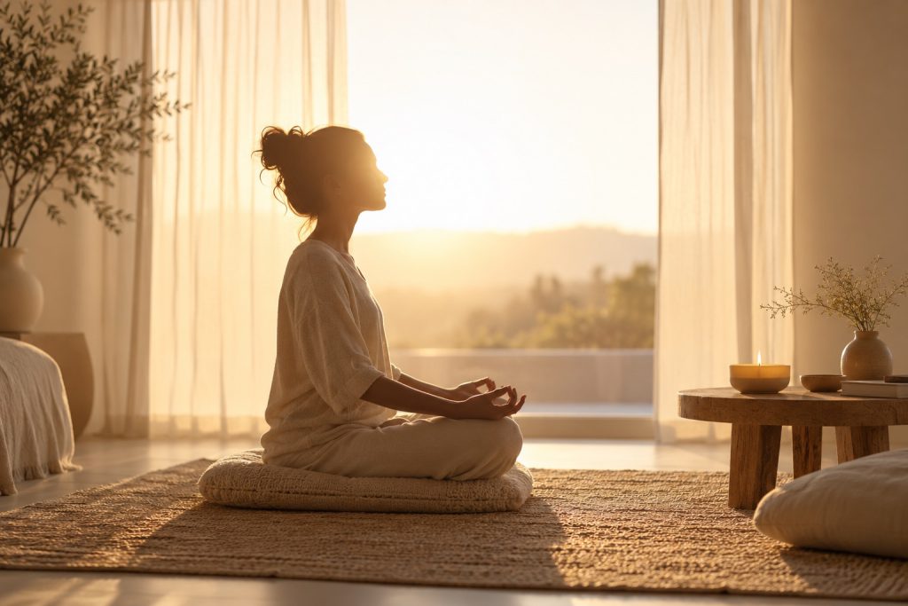 Una donna seduta in meditazione, di profilo, davanti a una finestra al tramonto