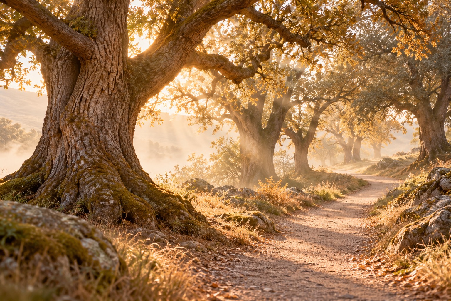 Un sentiero tra alberi antichi attraversato dai raggi del sole nella nebbia